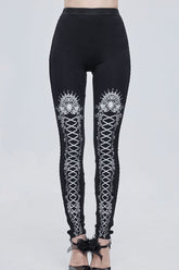 Leggings élastiques pour femmes avec décoration imprimée gothique noir/blanc et corde à nouer